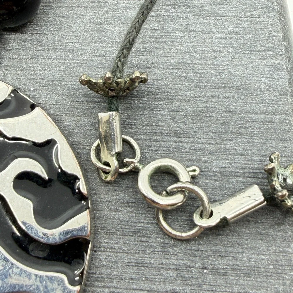 Black Silver Tone Abstract Swirl Disc Pendant Beaded Necklace Boho Statement